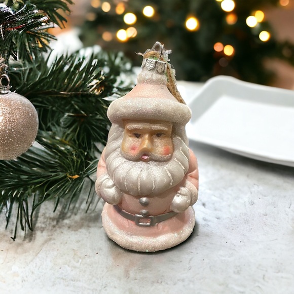 Vintage Pottery Barn Mercury Glass Santa Ornament Pink & White 5"H #D537Q - Picture 1 of 9